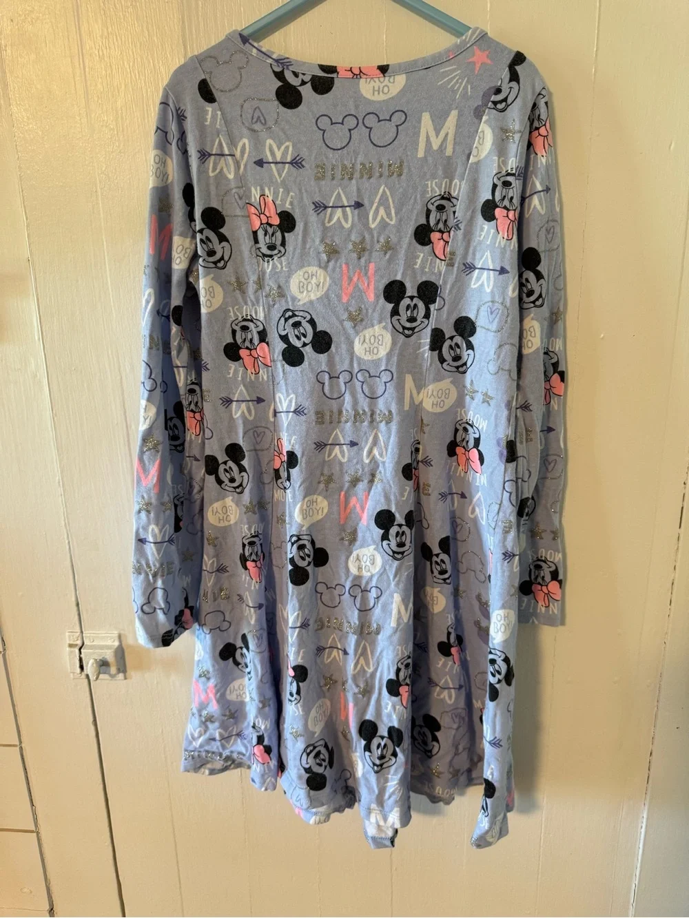 Disney Light Blue Minnie & Mickey Print Long Sleeve Dress with Pink Bows